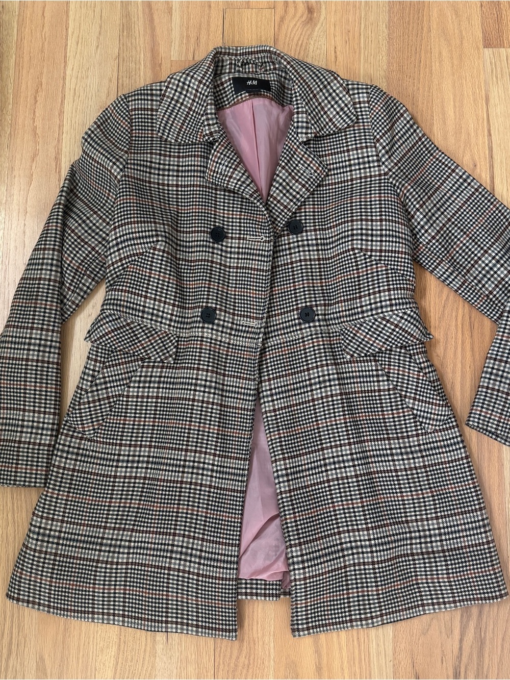 H&M Plaid Glen Check Double-Breasted Coat Pink Lining Size 10
